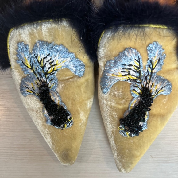 Alberta Ferretti *Velvet Embroidered Koi Fish Fur *Mules Slides Italian 36/US 6 - Picture 2 of 10